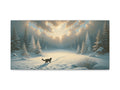 A canvas art depicting a serene snowy landscape with a lone wolf walking towards the light shining through the trees.