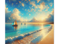 A canvas depicting a picturesque seascape with golden sunset skies, fluffy clouds, sailboats on the horizon, and gentle waves washing onto a sandy shore.