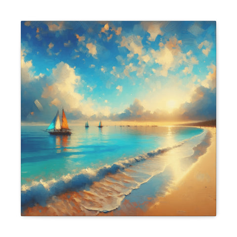 A canvas depicting a picturesque seascape with golden sunset skies, fluffy clouds, sailboats on the horizon, and gentle waves washing onto a sandy shore.