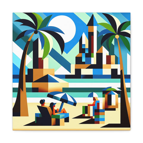 A colorful canvas art depicting a stylized, geometric beach scene with palm trees, buildings, and people lounging under umbrellas.