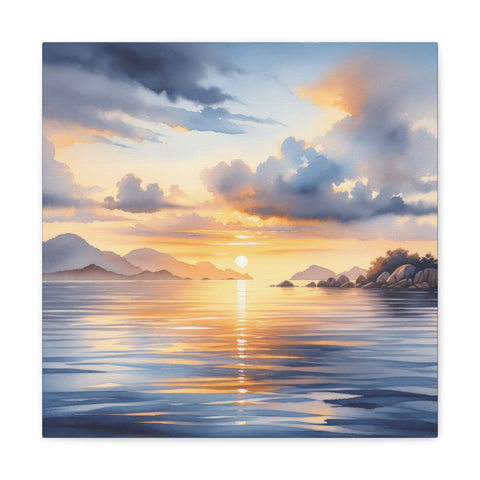 A canvas depicting a tranquil sunset with the sun dipping between mountains, reflecting over calm water under a cloudy sky.