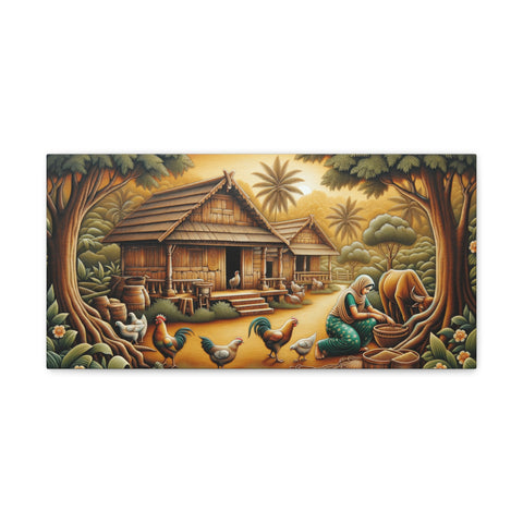 A canvas art depicting a tranquil village scene with a woman tending to plants in the foreground, chickens roaming around, and a hut surrounded by lush trees and vegetation.