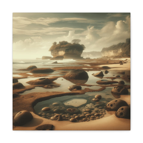 This canvas art depicts a serene, otherworldly landscape with a tranquil beach dotted with smooth, round stones and puddles, beneath a cloud-filled golden sky.