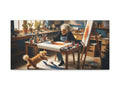 An illustrated canvas art depicting an elderly person focused on painting at a cluttered desk, with a curious dog peeking at their work in a cozy, plant-filled room.