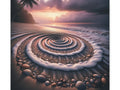 A canvas art piece depicting a surreal beach scene with a spiral pattern in the sand leading to a dramatic sunset framed by palms and scattered shells.