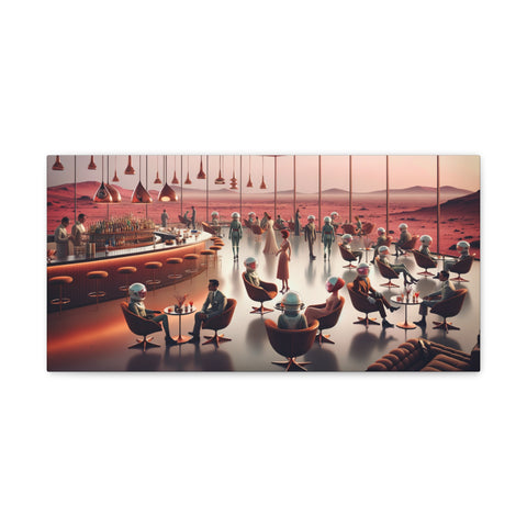 A surreal canvas art piece depicting a futuristic bar scene with stylish patrons and a desert landscape in the background.
