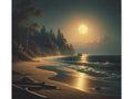 A canvas art capturing a serene moonlit beach scene with waves gently lapping the shore, surrounded by dark silhouettes of trees under a glowing full moon.
