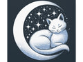 A canvas art piece featuring a serene white cat sleeping on a crescent moon against a starry night backdrop.