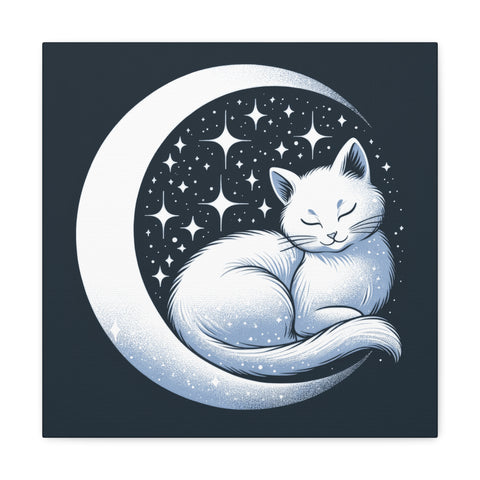 A canvas art piece featuring a serene white cat sleeping on a crescent moon against a starry night backdrop.