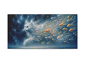 This is a canvas art depicting a mystical white fox with flowing tails blending into a starry night sky, with orange fish swimming through the space around it, creating a dreamlike celestial scene.