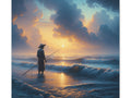 A tranquil canvas art depicting a silhouetted fisherman standing in the surf at sunrise, with golden light casting a serene glow on the rippling waves and a dramatic cloud-filled sky above.