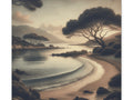 A tranquil canvas art depicting a serene landscape with a winding river, silhouetted trees, and a soft, muted color palette suggesting dawn or dusk.