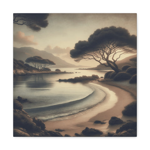 A tranquil canvas art depicting a serene landscape with a winding river, silhouetted trees, and a soft, muted color palette suggesting dawn or dusk.