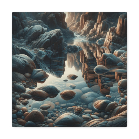 A canvas art depicting a serene river canyon with smooth rocks and a reflective water surface, enveloped by a soft, warm glow.