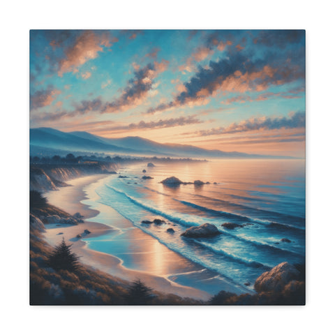 A canvas art depicting a serene coastal landscape at sunset with a golden-tinted beach, calm sea, and a sky filled with dramatic clouds reflecting warm hues.