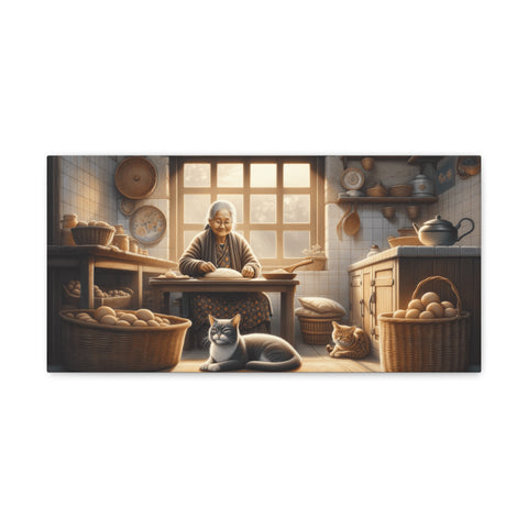 A serene canvas art depicting an elderly person making dough in a warm, sunlit kitchen with baskets of bread and a content cat lying nearby.
