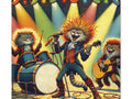 A whimsical canvas art depicting an animated band of cats playing musical instruments under colorful stage lights.