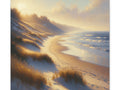 A serene canvas art depicting a sunset over a tranquil beach with waves gently lapping the shore and grass-covered dunes in the foreground.
