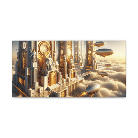 A canvas art featuring a futuristic cityscape with towering golden skyscrapers and flying vehicles, set above the clouds during sunset.