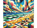 A vibrant, abstract canvas art piece depicting geometric shapes that form a stylized landscape with rolling clouds, mountains, sun, sea, and figures scattered across a beach.