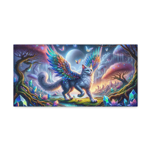 A vibrant canvas art featuring a mystical winged wolf in a colorful fantasy landscape with glowing crystals, trees, and a crescent moon in the background.
