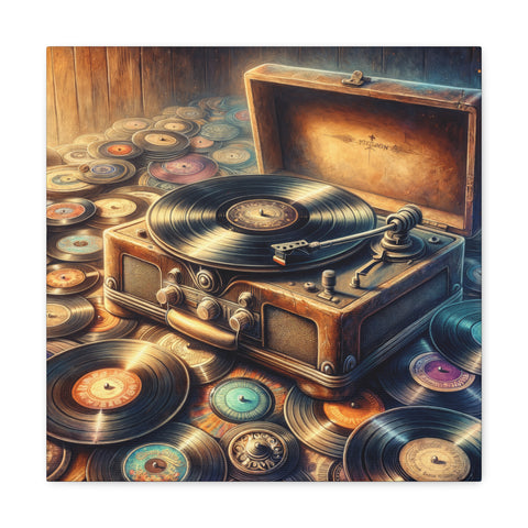 A canvas art piece depicting a vintage record player on a wooden floor surrounded by an array of colorful vinyl records.