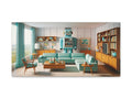 A canvas art depicting a stylized mid-century modern living room with a whimsical robot standing amidst retro furniture and large windows overlooking a natural landscape.