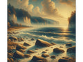 A canvas art depicting a serene scene with a golden sunrise over a rocky beach leading to a tranquil sea, flanked by tall waterfalls cascading from forested cliffs into the mist.