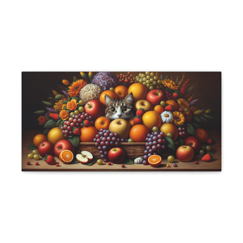 A canvas art piece displaying a realistic and colorful arrangement of assorted fruits with a cute cat peeking out from the center.