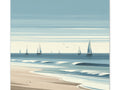 A serene canvas art depicting sailboats on a calm blue sea with gentle waves lapping onto a sandy shore under a soft blue sky.