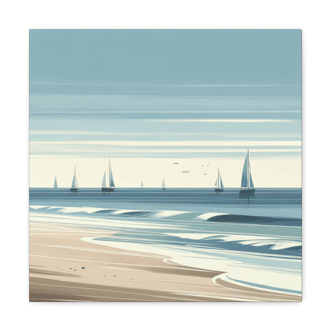 A serene canvas art depicting sailboats on a calm blue sea with gentle waves lapping onto a sandy shore under a soft blue sky.