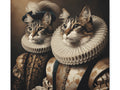 An elegant canvas art depicting two cats dressed in luxurious vintage aristocratic clothing with ornate ruffled collars.