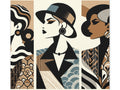 A three-panel canvas art piece featuring stylized representations of women with bold lines and patterns in a muted, earthy color palette.