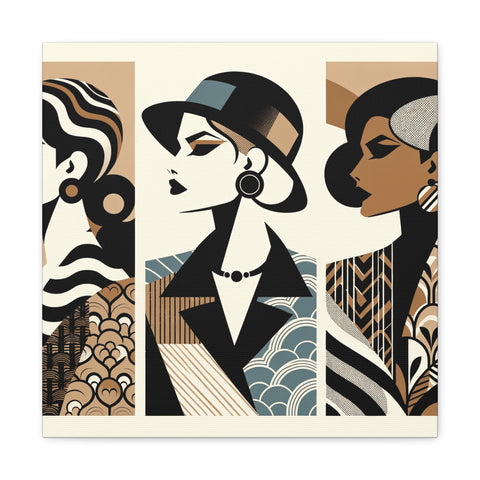 A three-panel canvas art piece featuring stylized representations of women with bold lines and patterns in a muted, earthy color palette.