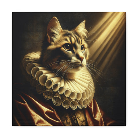 A canvas art piece depicting a cat with regal features dressed in Renaissance attire with a ruffled collar and luxurious robe bathed in warm light.