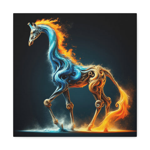 An artistic canvas featuring a vibrant, stylized image of a giraffe with blue and fiery orange color effects that give it an ethereal and dynamic appearance.