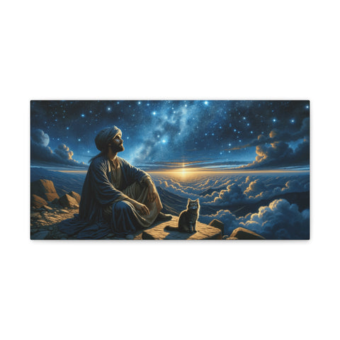 A canvas art piece depicting a serene scene with a robed figure and a cat sitting on a cliff, gazing at a celestial vista of stars and clouds illuminated by a radiant sunrise or sunset.
