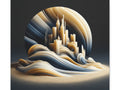 A canvas featuring an abstract cityscape with flowing lines and curves in shades of gold, blue, and white, creating the illusion of a city within a crescent moon or wave.