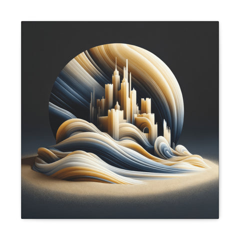 A canvas featuring an abstract cityscape with flowing lines and curves in shades of gold, blue, and white, creating the illusion of a city within a crescent moon or wave.