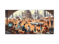 This canvas portrays a futuristic cityscape with various individuals engaged in activities amidst sleek buildings and advanced vehicles on a warm, earth-toned palette.