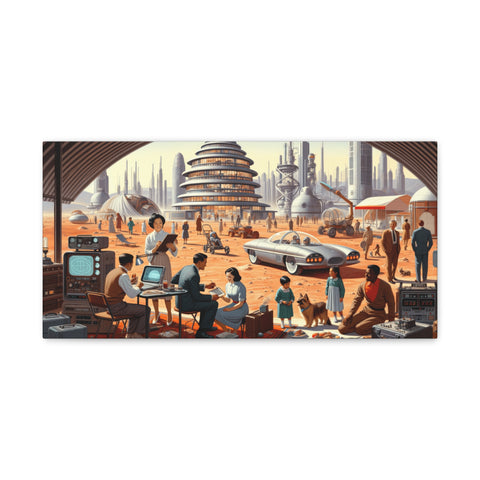 This canvas portrays a futuristic cityscape with various individuals engaged in activities amidst sleek buildings and advanced vehicles on a warm, earth-toned palette.