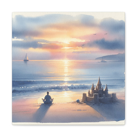 A canvas art depicting a serene beach scene at sunset with a reflective ocean, a sandcastle in the foreground, and a sailboat on the horizon.