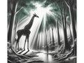 A canvas art depicting a giraffe standing by a water's edge in a serene forest bathed in the rays of light filtering through the tree canopy.