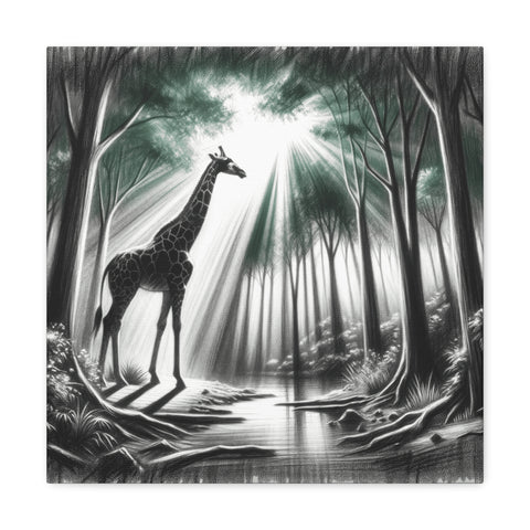 A canvas art depicting a giraffe standing by a water's edge in a serene forest bathed in the rays of light filtering through the tree canopy.