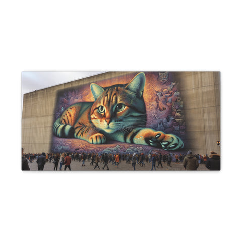 A large canvas art piece depicts a vibrant, oversized cat with mesmerizing eyes lying in front of a colorful, abstract background, displayed outdoors with a crowd of people observing it.
