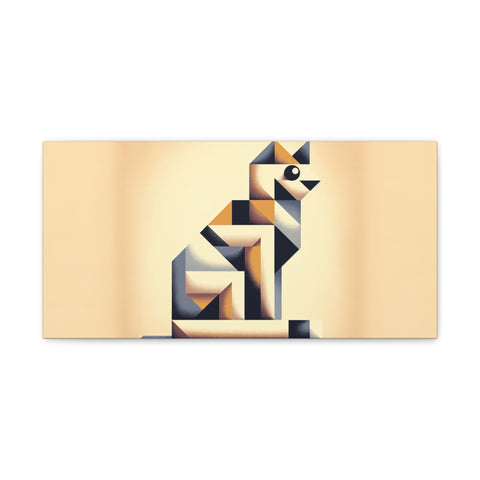 A canvas art piece featuring a stylized, geometric representation of a cat in shades of beige, white, and gray against a soft yellow background.