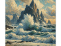 A canvas art depicting an expressive and turbulent sea with crashing waves in the forefront and a dark, towering rock formation in the background, all rendered in thick, swirling brushstrokes.