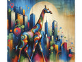 A vibrant canvas art featuring a colorful, stylized giraffe standing amidst a backdrop of abstract skyscrapers under a large sun or moon.