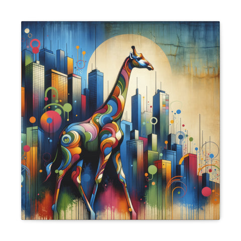 A vibrant canvas art featuring a colorful, stylized giraffe standing amidst a backdrop of abstract skyscrapers under a large sun or moon.