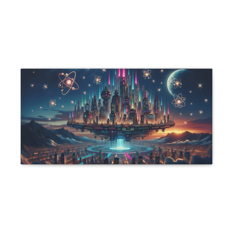 A canvas art depicting a futuristic city with vibrant neon lights and towering skyscrapers, surrounded by mountains and a starry sky featuring orbiting atomic structures.